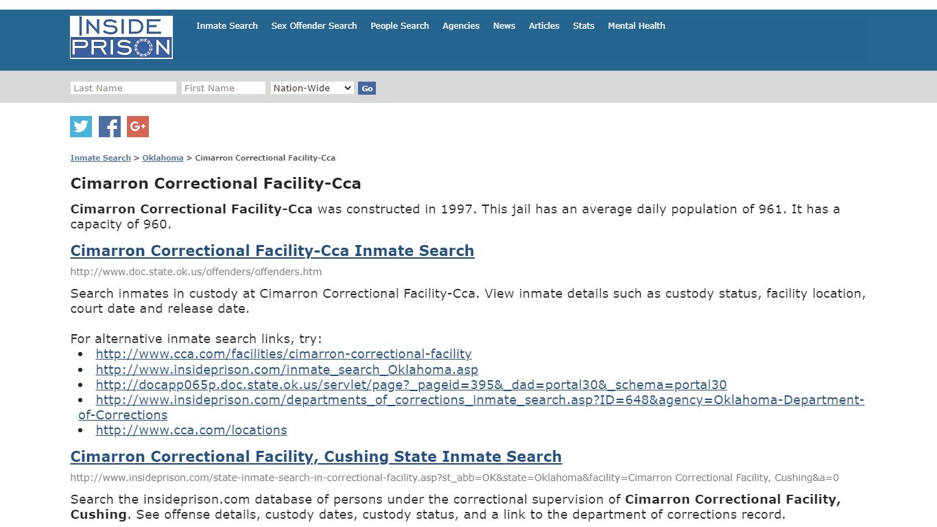 Cimarron Correctional Facility-Cca - Oklahoma - Inmate Search